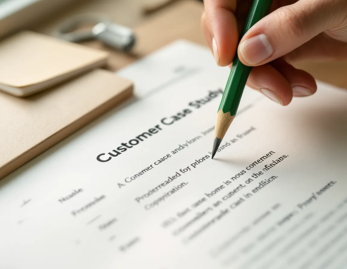 A hand marking up a printed case study with a green pencil